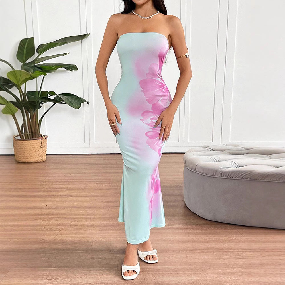 Women Clothing Summer Sexy Bandeau Slim Fit Printing Color Contrast Backless Sheath Dress Bella Mia